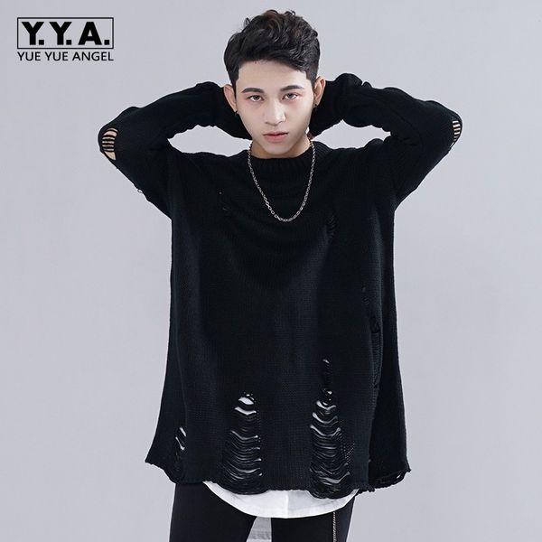

high street personality baggy mens pullover loose lovers kitted sweater fashion hole ripped black casual sweaters for men, White;black