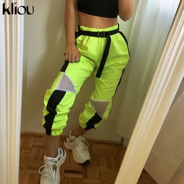 

kliou women casual pants 2019 summer fashion mesh patchwork cargo pants elastic high waist female fashion street trousers, Black;white