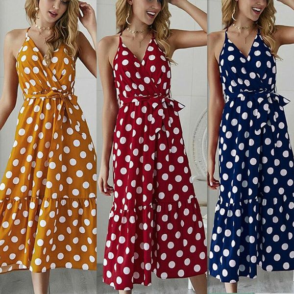 

women polka dot long dress party evening work summer beach v neck maxi sundress, Black;gray