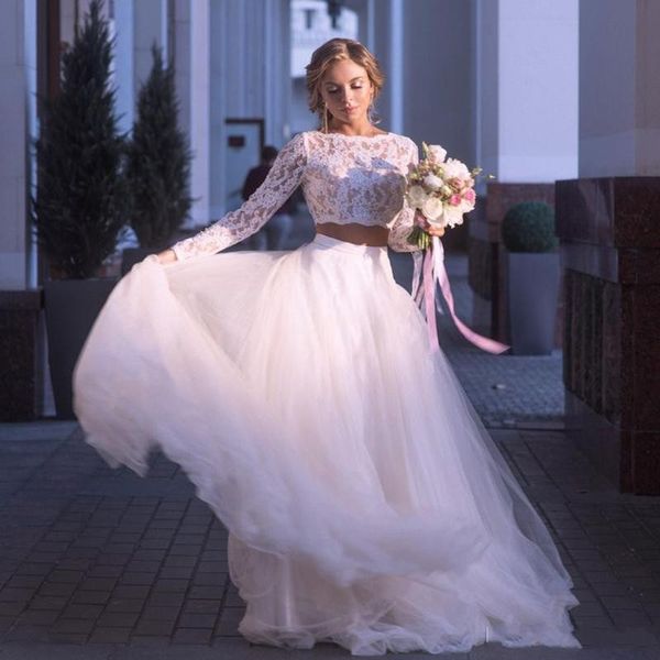 Discount 2020 Two Pieces Plus Size Long Sleeves Lace Appliques