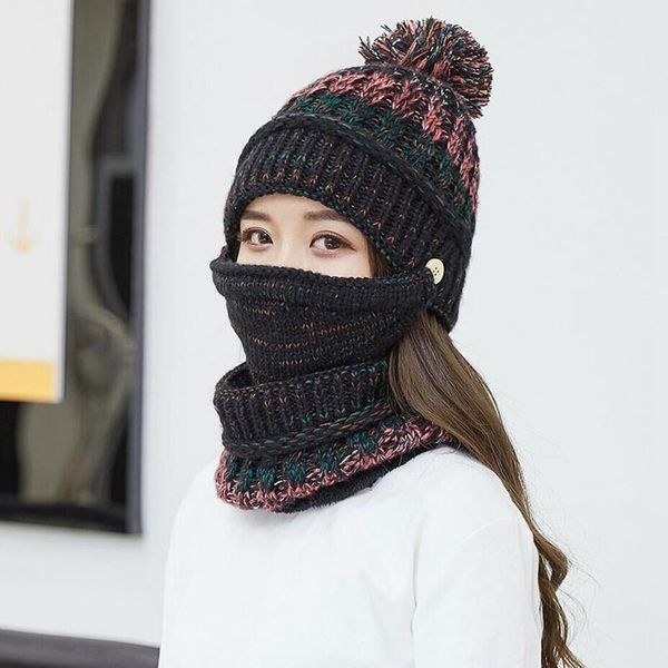 

winter hats women knitted hat warm fur ball pompom cap bib mask ear protector scarf 3 in 1 warm hats wholesale jj20179, Blue;gray