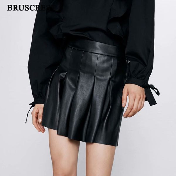 

kroean high waist skirt mini short skirt black wide leg elegant leather skirts women faux leather skirts pleated