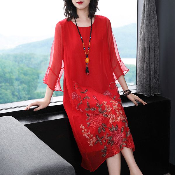 

4xl 3xl new plus size women dress elegant loose midi-length summer autumn dresses silk embroidery o-neck vestidos, Black;gray