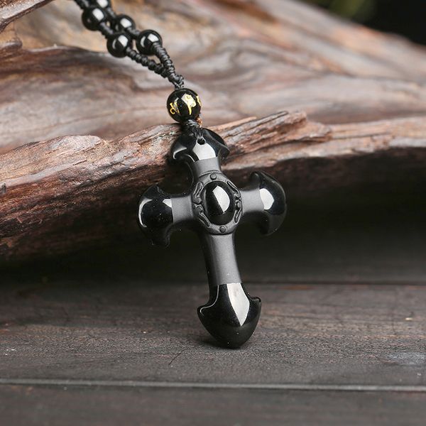 

pure natural ice crystal obsidian scrub cross men's pendant necklace jewelry gift retail wholesale, Silver