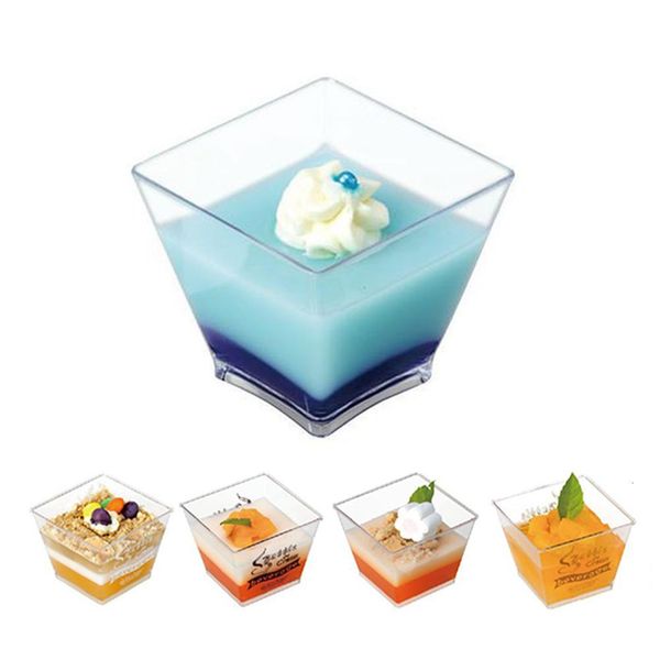 

100шт 2oz / 60мл одноразовая мини площади десерт кубок куб пластиковые образец блюдо торт желе пудинг чашки партии кухонные принадлежности