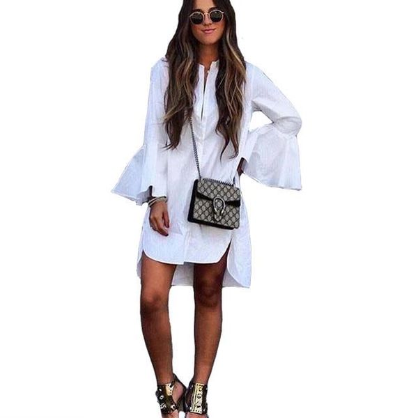 

new women white flare sleeve shirt dress summer fashion o neck straight elegant woman bloues casual clothing, Black;gray