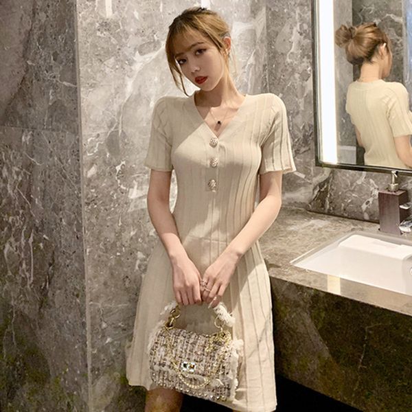 

real s2019 popular women's new fresh women's slim slimming sweet dress solid color retro waist stretch knit dress, Black;gray