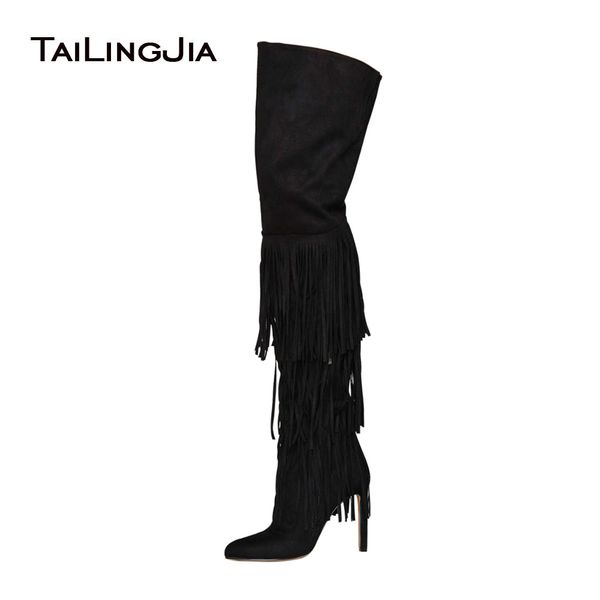 

women extremely high heel black faux suede tassel over the knee high boots ladies pointed toe thigh boots winter shoes