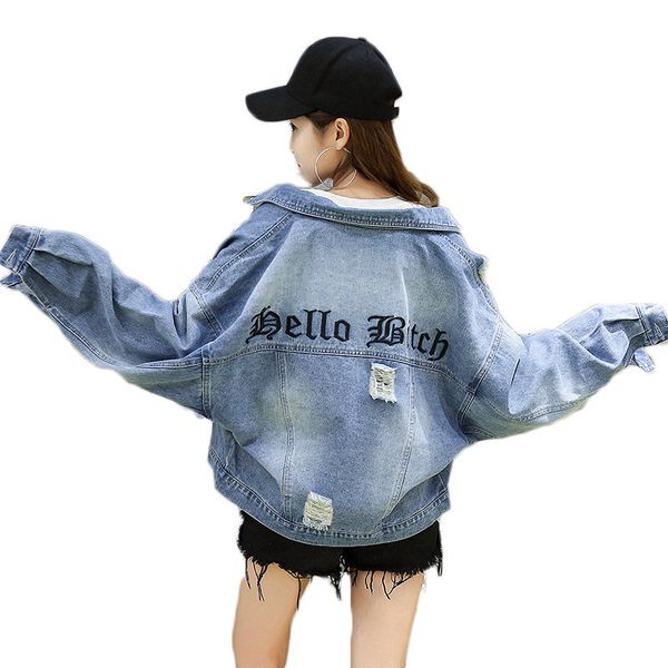 

harajuku hole denim jacket women long sleeve embroidered letters blue female korean outerwear spring and autumn new coat 2019, Black;brown