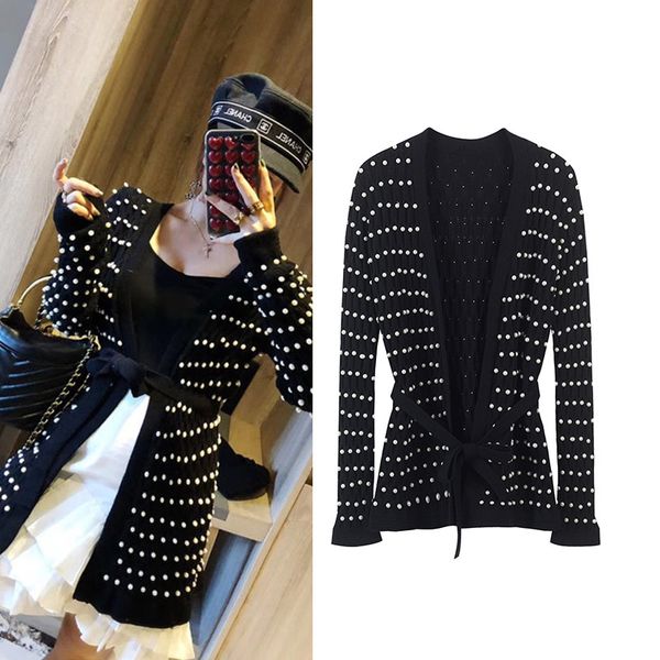 

new spot 18 autumn new net red same black lace up deep v coat full of pearl elegant and versatile knitted cardigan, White