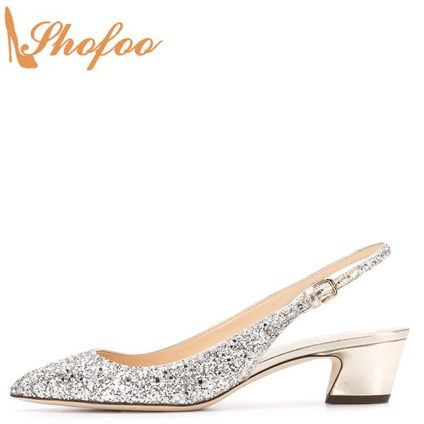

sliver sequined cloth pointed toe med chunky heels pumps buckle woman large size 12 14 ladies fashion party mature shoes shofoo, Black