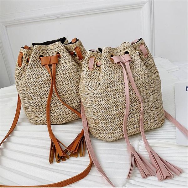 

women bags summer beach straw rattan woven beach shoulder bags tassel bucket crossbody bag for women bohemian handmade