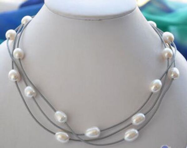 

wholesale 3row 18 "14mm white rice gray pearl leather necklace, Silver