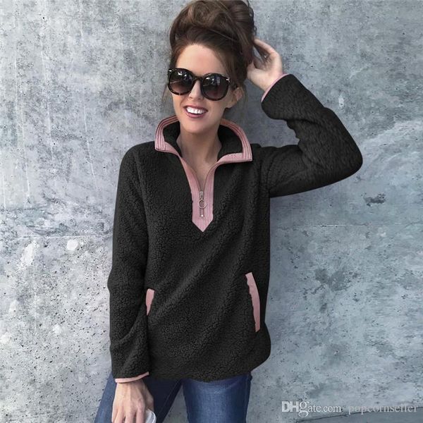 

fashion women designer sweater style contrast pocket warm plush jacket casual loose lapel pullover zipper hoodie ladies clothing, White;black