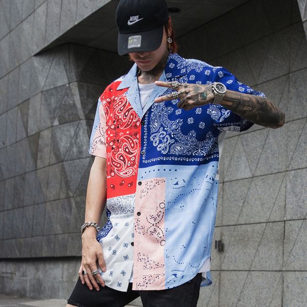 

summer streetwear blouse men retro vintage shirt men designer hip hop short sleeve folk custom shirts dress camiseta floral, White;black