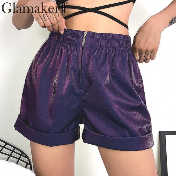 

glamaker lurex purple high waist shorts women streetwear front zipper shorts bottoms female summer fashion crimping, White;black