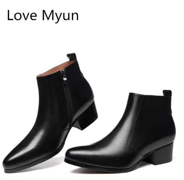 

autumn winter genuine leather men boots high heels pointed toe wedding shoes mens ankle boots quality office career work, Black