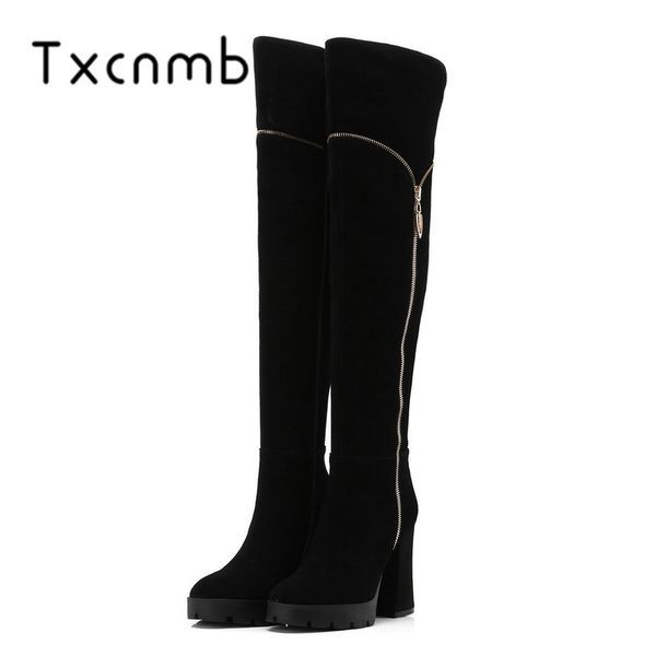 

txcnmb 2019 new cow suede leather square high heels boots women knee high western boots zipper party shoes woman black
