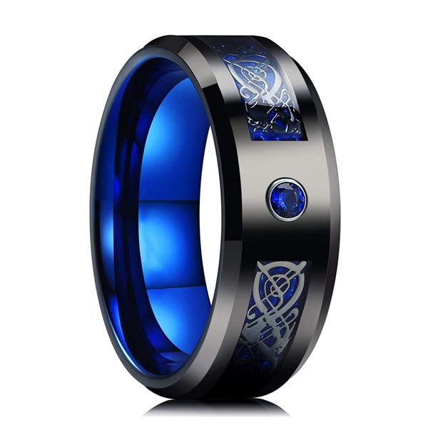 

wholesale men's 8mm tungsten carbide ring celtic dragon blue carbon fiber inaly black & blue two-tone plated, Silver