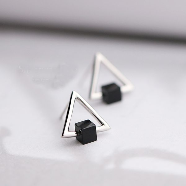

925 sterling silver earrings black square hollow triangle stud earrings for women fashion style girl sterling-silver-jewelry, Golden;silver