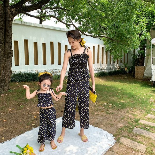 

parent-child set parent-child summer vacation style strap wide-leg pants korean chiffon suit, Blue