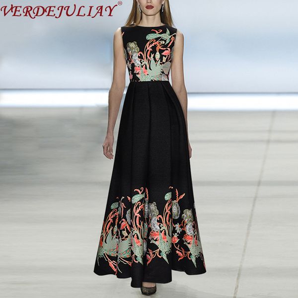 

verdejuliay autumn fashion runway vintage dress women's sleeveless floral pirnt jacquard black long elegant dress, Black;gray