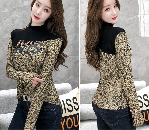 

women pullover high collar long sleeve shirt leopard print shirt cotton women's long sleeve top, White