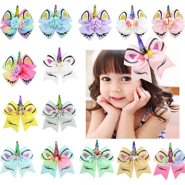 

princess unicorn headband sequins bow with chiffon flowers and pearl ponytail holder jojo siwa cheerleading hair clip bows for girls, Slivery;white