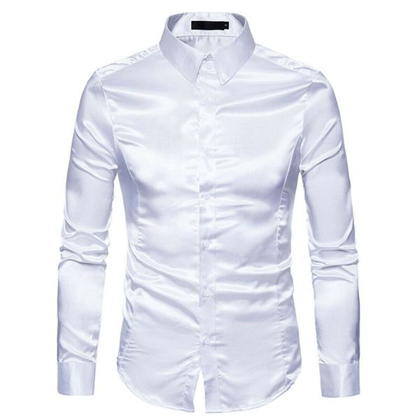 

hirigin men formal satin shiny silk wedding shirt fashion slim long sleeve solid color silk shirt men party evening club colthes, White;black