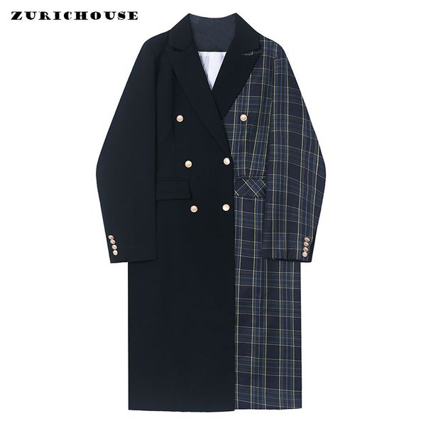 

zurichouse patchwork windbreaker women fashion plaid irregular black trench 2020 retro loose fit spring long coat female, Tan;black