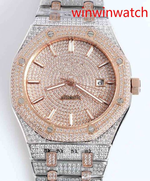 

full iced out two tone watch men's automatic diamonds silver rose gold watches 42mm diamonds dial works smooth hands wristwatch, Slivery;brown