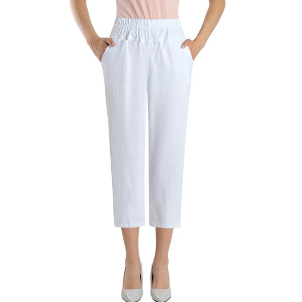 

2020 summer middle-aged women capris pants korean high elastic waist cotton pants casual solid color straight large size, Black;white