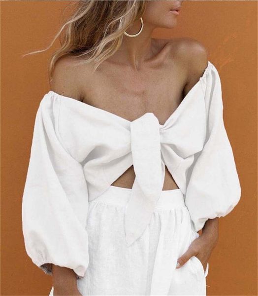 

sexy пояс лето женщин рубашки твердая глубокий v свободный женский beachwears фонарь три четверти рукава дамы короткие топы, White