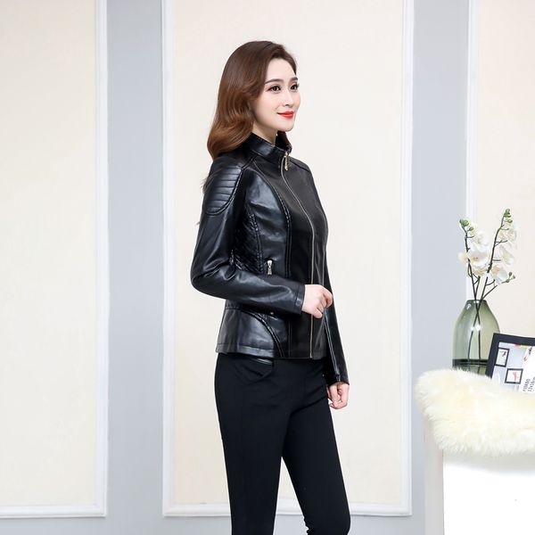 

women spring autumn casual faux leather zipper long sleeve jacket coat n01, Black