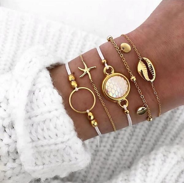 

double fair retro bracelet for women 5 pcs/set starfish shells anklet bracelets gold-color fashion jewelry kah145 amazing price, Black