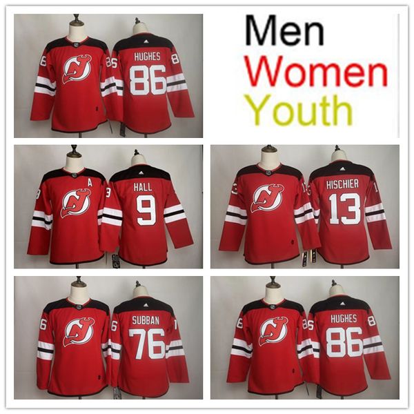 

women youth men stanley cup new jersey devils brand stitched 9 taylor hall 13 nico hischier 76 subban 86 hughes hockey jerseys, Black;red