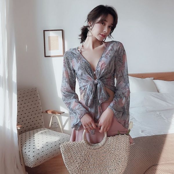 

three-piece set split long sleeve bikini printed tight swimsuit spring swimsuit, White;black