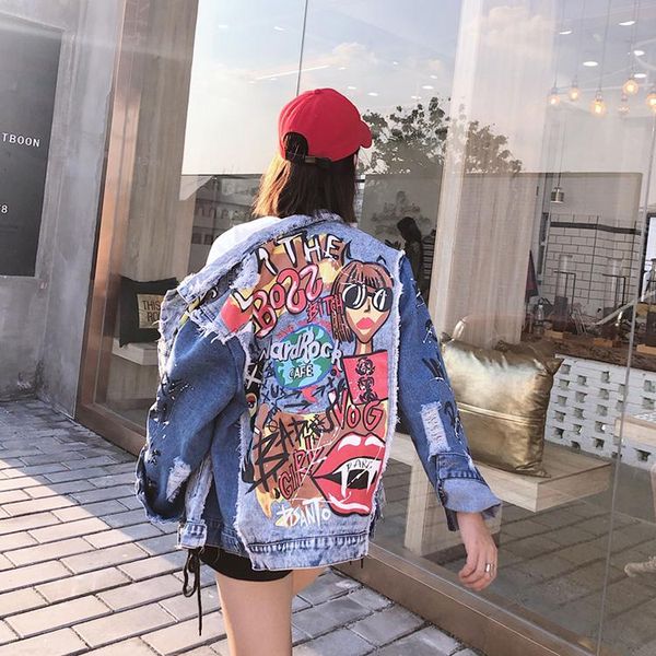 

women high street graffiti print long sleeve cardigan vintage design frayed holes denim coat rock style casual outerwear jacket, Black;brown