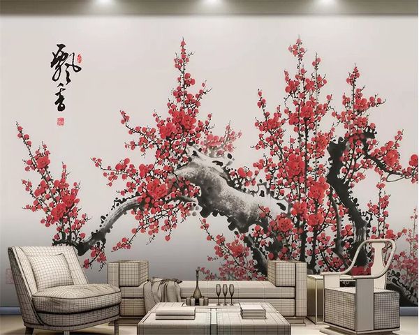 Beibehang carta da parati 3d Stile cinese dipinto a mano prugna soggiorno camera da letto parete ristorante decorazione della stanza Sfondo carta da parati