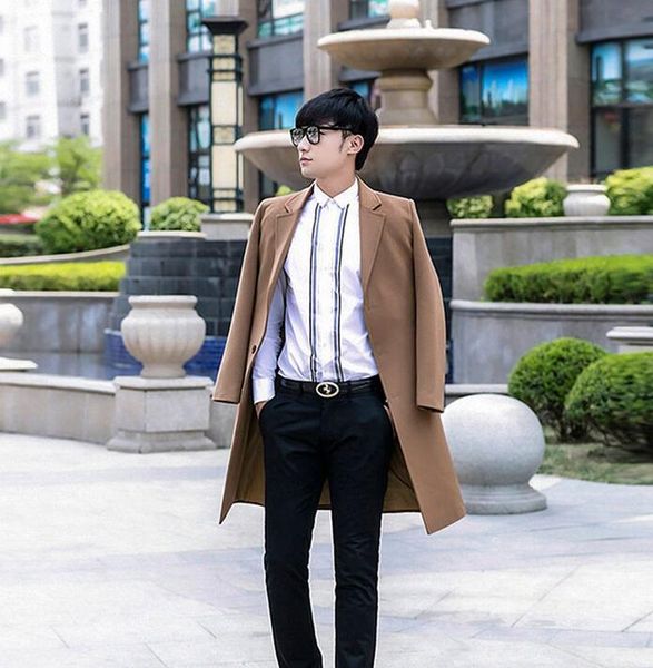 

men's wool & blends korean men long `wool coat business casual suit collar mens single-breasted woolen coats khaki cashmere black blue