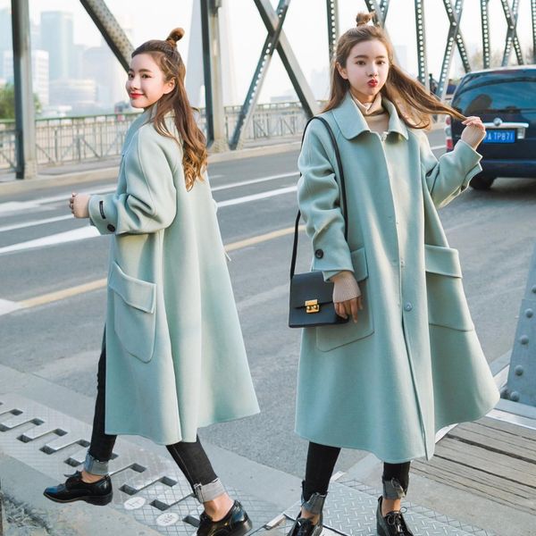 

fashion pockets long winter fashion wool coats single breasted wool blend coat and jacket wide-waisted coat femenino, Black
