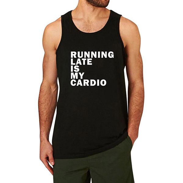 

men's summer letter printed running late is my cardio workout fitness men cotton tank, White;black