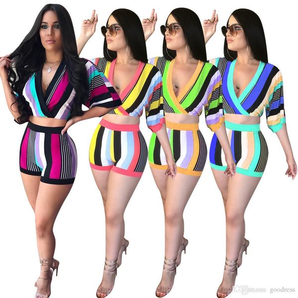 

women summer clothes stripe outfits two piece set + shorts casual tracksuits fashion v-neck stripe womens suit, White