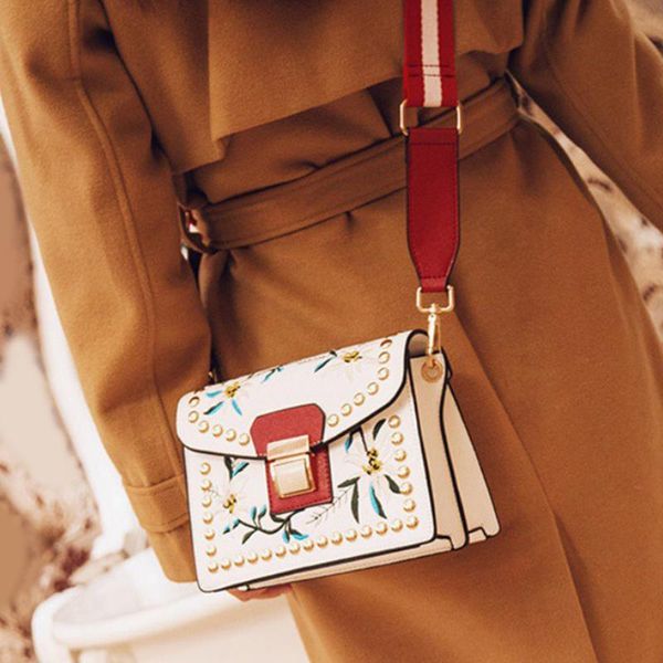 

women ethnic style small square embroidery mini shoulder bag with rivets