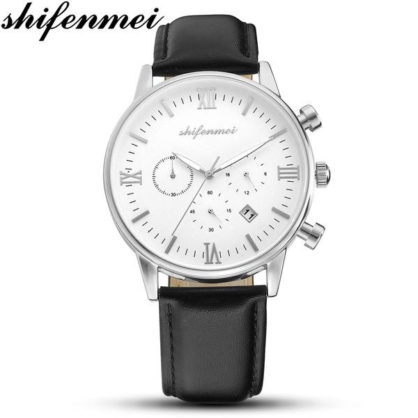 

shifenmei watches mens 2019 fashion sport watches men quartz analog date clock male leather waterproof watch 1082l, Slivery;brown