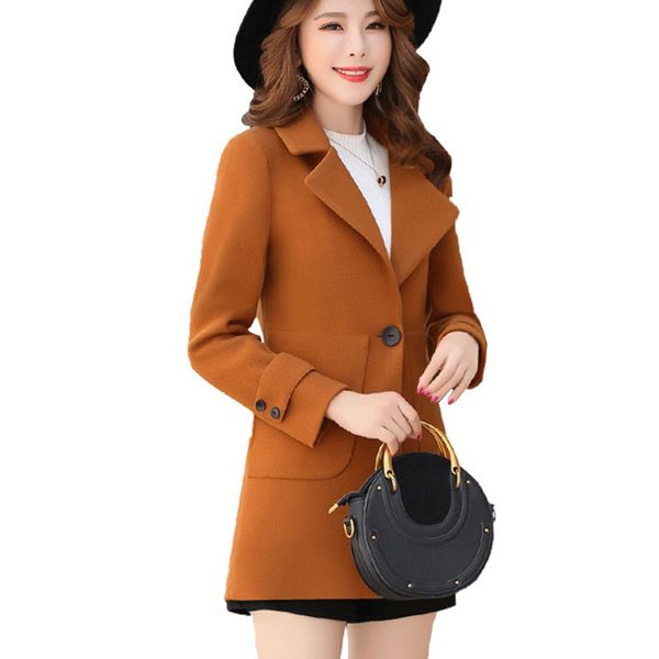 

wool blend warm coat 2018 new women autumn winter elegant jacket outerwear female slim fit lapel woolen overcoats zs265, Black