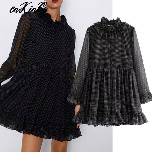 

2019 women elegant dots print mini za dress straight style long sleeve ruffles design female streetwear dresses vestidos, Black;gray
