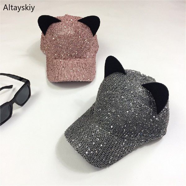 

baseball caps women kawaii knitted sequin cartoon cat ears breathable adjustable womens cap trendy korean style lovely all-match, Blue;gray