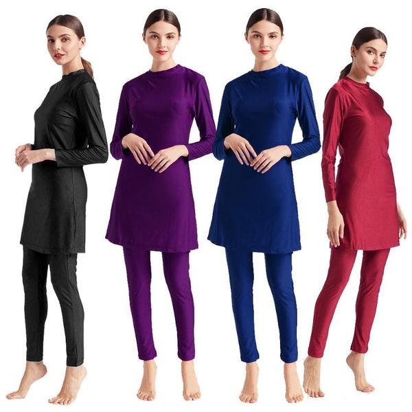 

modest swimwear three-piece conservative large size solid color women muslim swimwear burkini