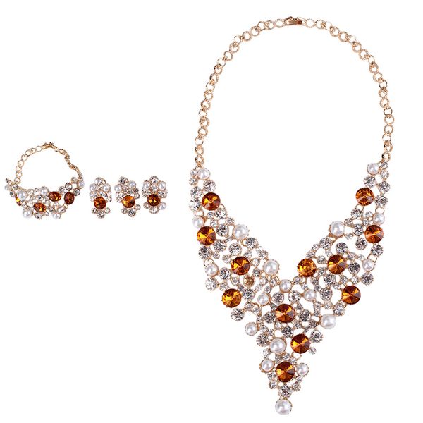 

jewelry set rhinestone pearls necklace bracelet earrings ring bridal jewelry set for wedding party, Silver